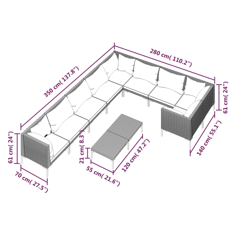 Afuera Living 10 Piece Poly Rattan Garden Lounge Set in Gray