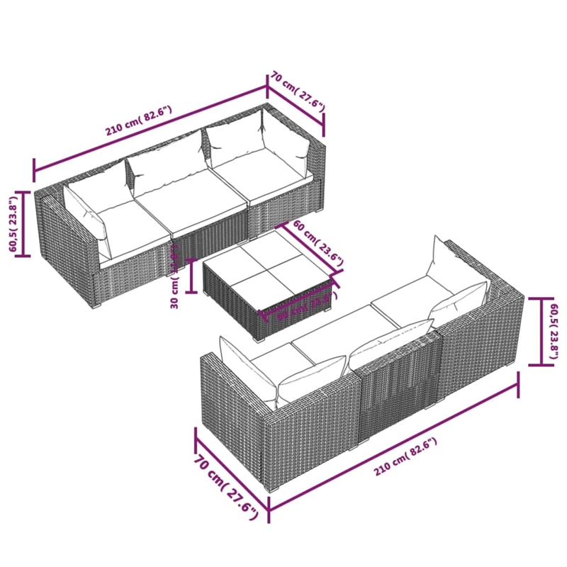 Afuera Living Contemporary 7 Piece Poly Rattan Garden Lounge Set in Gray