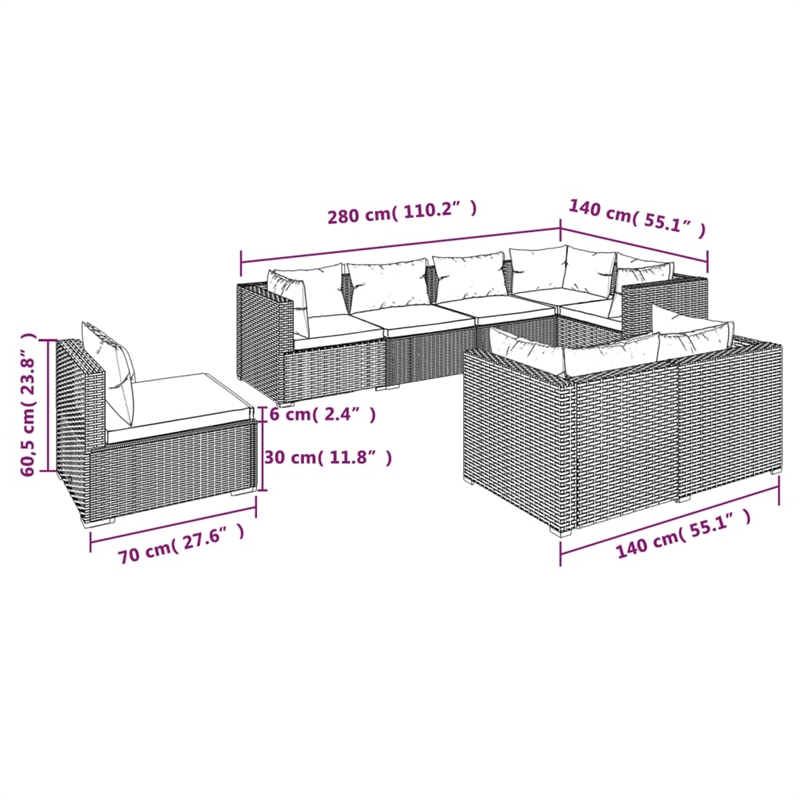 Afuera Living 8 Piece Poly Rattan Garden Lounge Set in Black/Blue