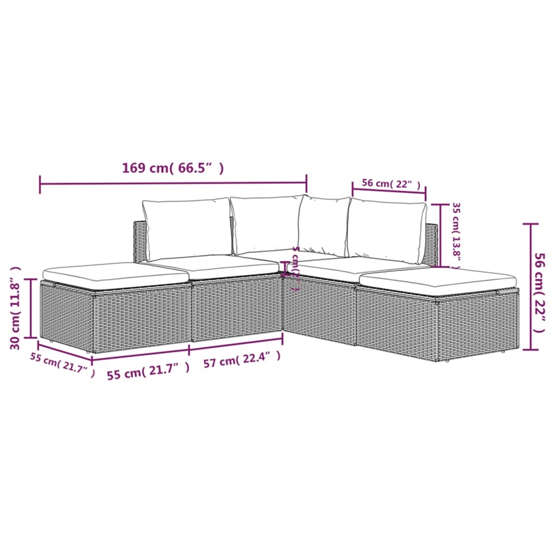 Afuera Living Contemporary 5 Piece Poly Rattan Garden Lounge Set in Gray