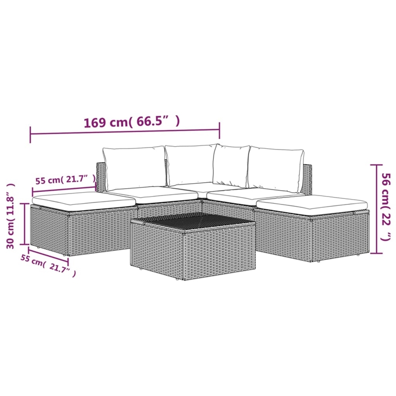 Afuera Living Contemporary 6 Piece Poly Rattan Garden Lounge Set in Gray