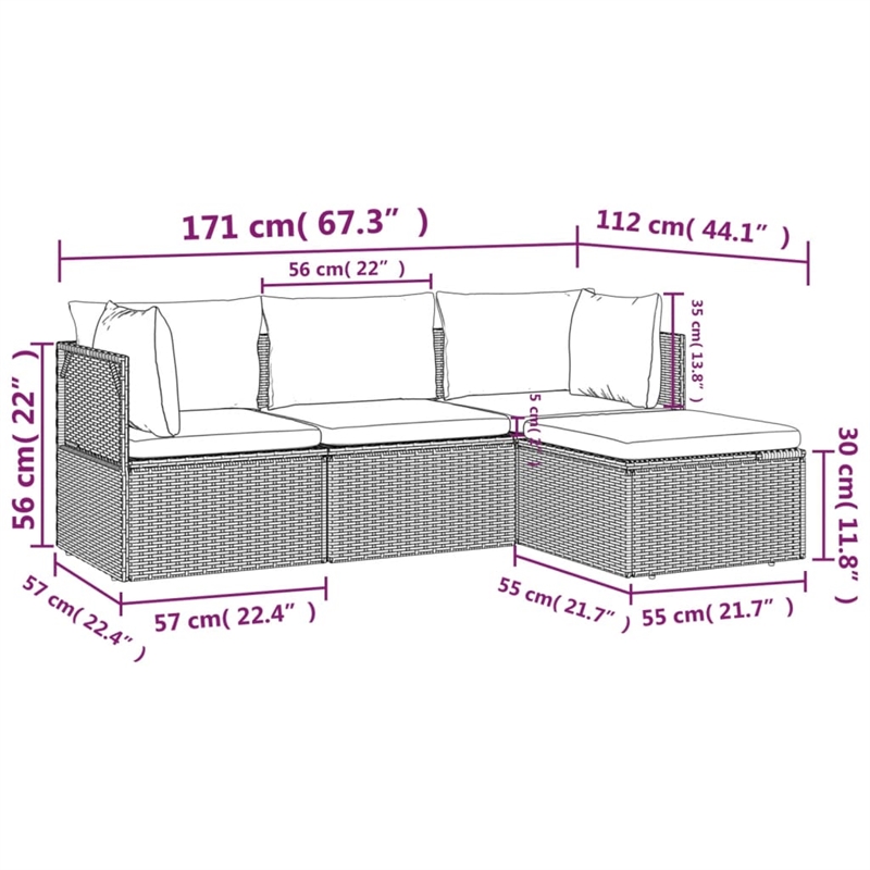 Afuera Living Contemporary 4 Piece Poly Rattan Garden Lounge Set in Gray