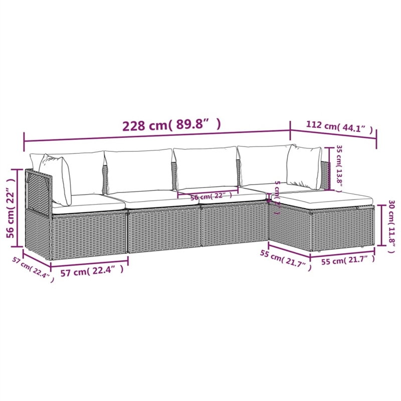 Afuera Living Contemporary 5 Piece Poly Rattan Garden Lounge Set in Gray