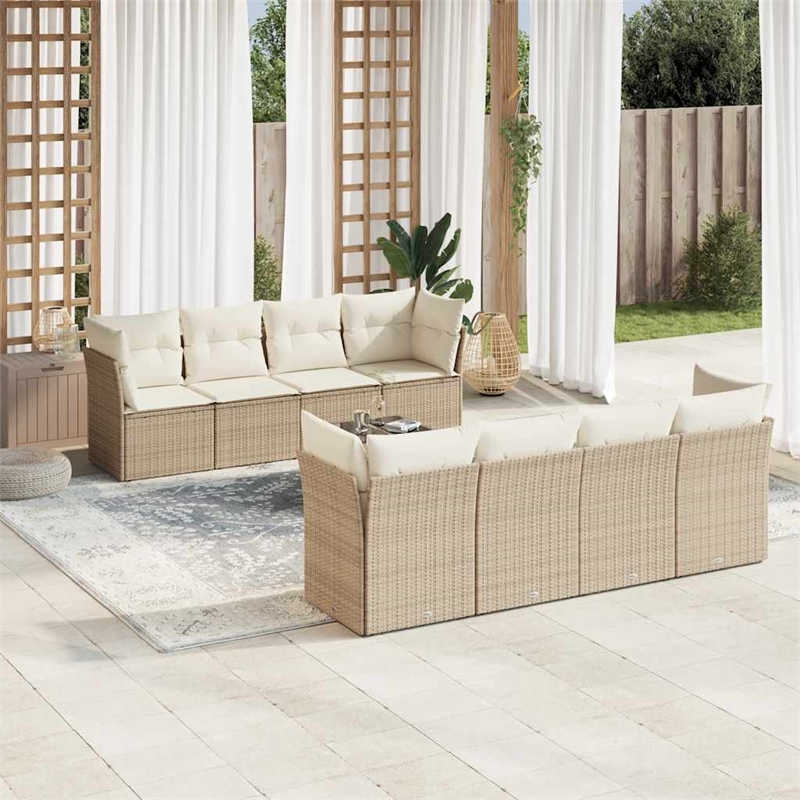 Afuera Living Contemporary Synthetic Poly Rattan 9 Piece Sofa Set in Beige