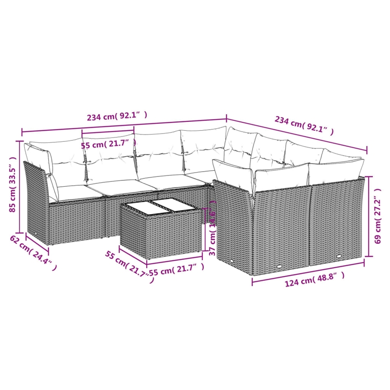 Afuera Living Contemporary 9 Piece Poly Rattan Sofa Set in Gray
