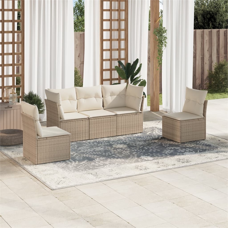 Afuera Living Contemporary 5 Piece Poly Rattan Sofa Set in Cream/Beige