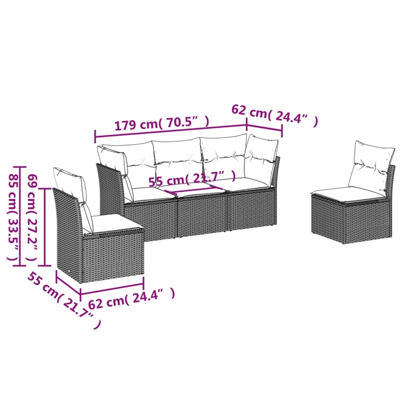Afuera Living Contemporary 5 Piece Poly Rattan Sofa Set in Cream/Beige