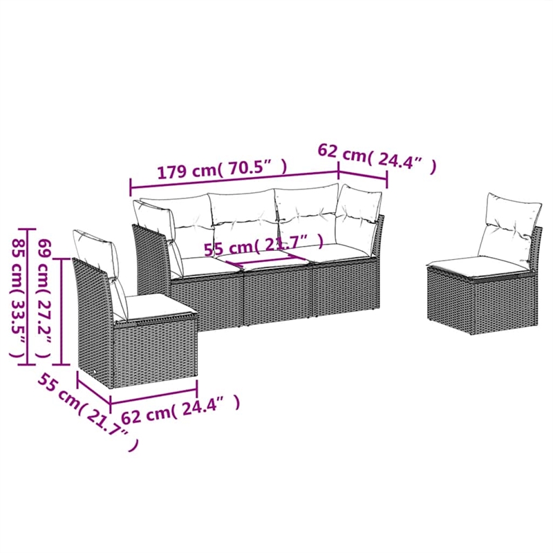 Afuera Living Contemporary 5 Piece Poly Rattan Sofa Set in Gray