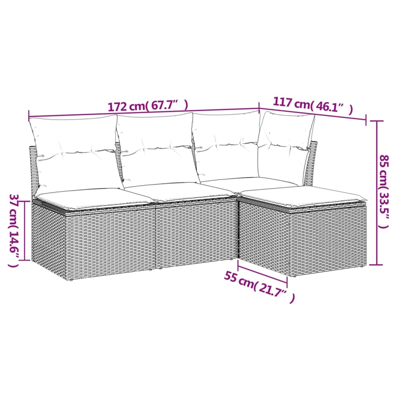 Afuera Living Contemporary 4 Piece Poly Rattan Sofa Set in Brown/Cream