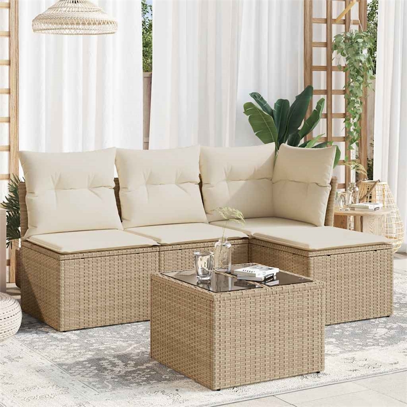 Afuera Living Contemporary 5 Piece Poly Rattan Sofa Set in Cream/Beige