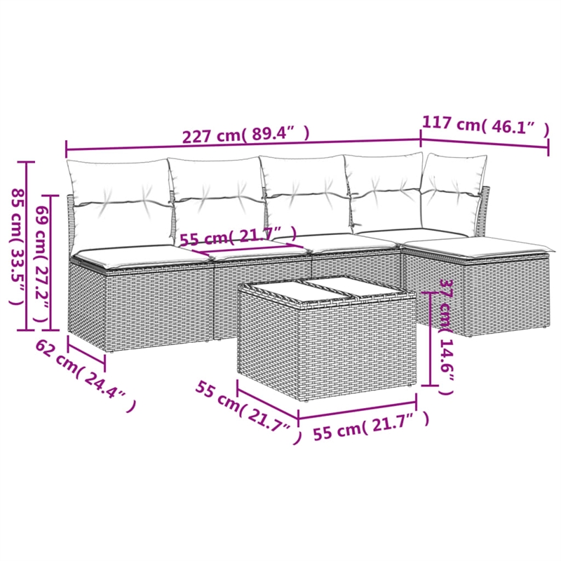 Afuera Living Contemporary 6 Piece Poly Rattan Sofa Set in Gray