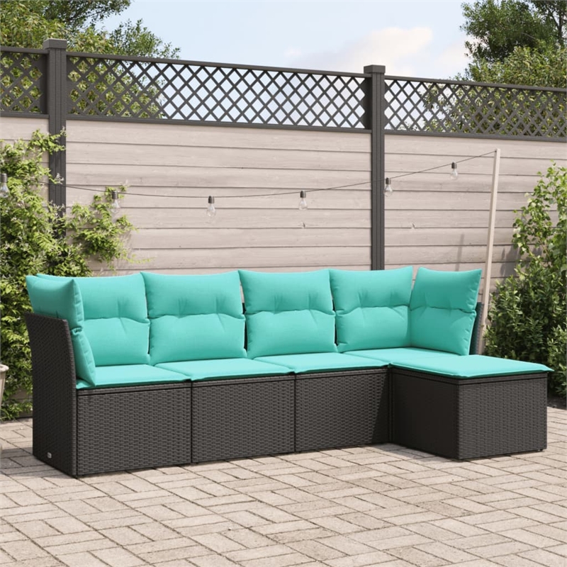 Afuera Living Contemporary 5 Piece Poly Rattan Sofa Set in Black/Blue