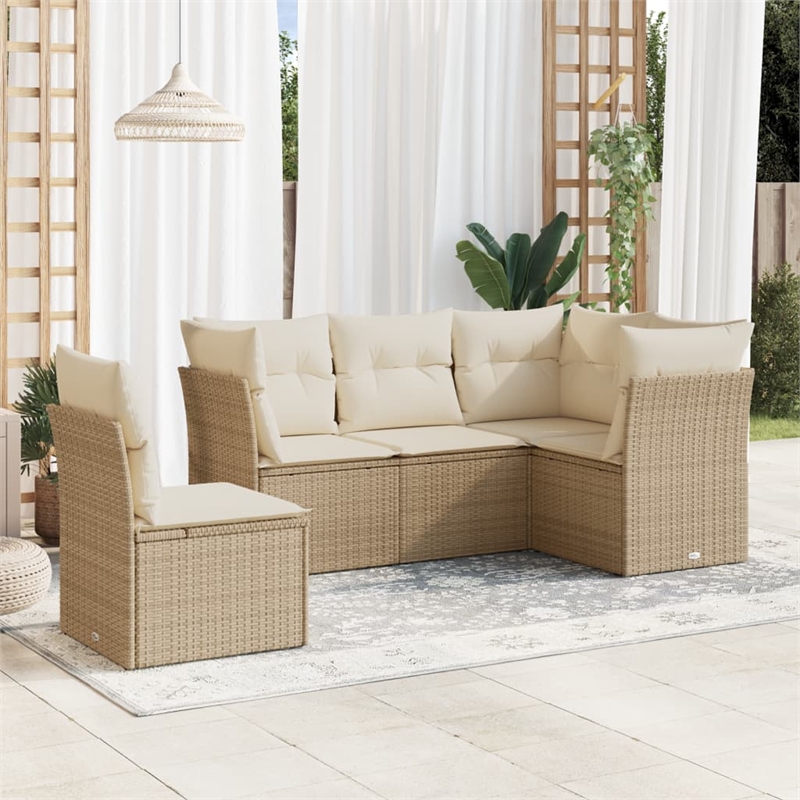Afuera Living Contemporary 5 Piece Poly Rattan Sofa Set in Cream/Beige
