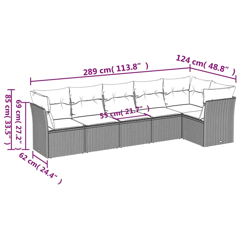 Afuera Living Contemporary 6 Piece Poly Rattan Large Sofa Set in Gray