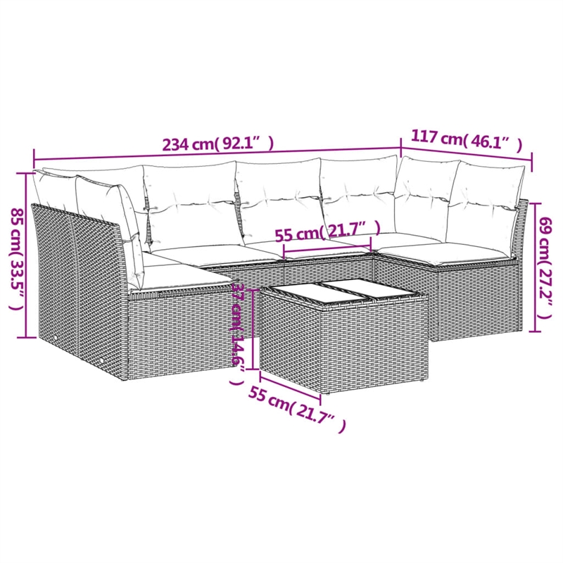 Afuera Living Contemporary 7 Piece Poly Rattan Sofa Set in Gray