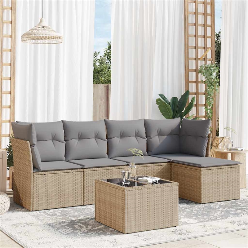Afuera Living Contemporary 6 Piece Poly Rattan Sofa Set in Gray/Beige