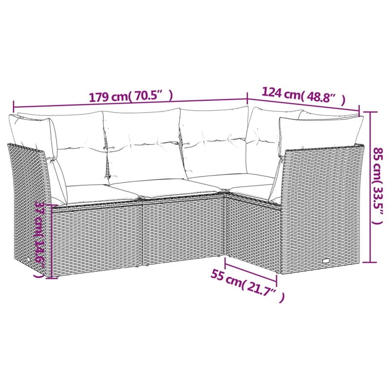 Afuera Living Contemporary 4 Piece Poly Rattan Sofa Set in Gray