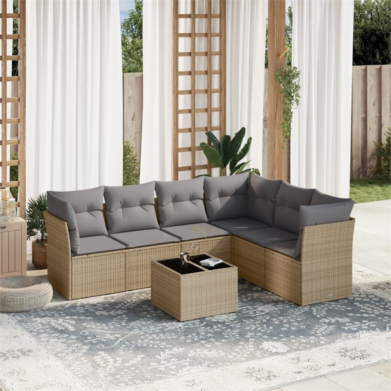 Afuera Living Contemporary Synthetic Poly Rattan 7 Piece  Sofa Set in Beige