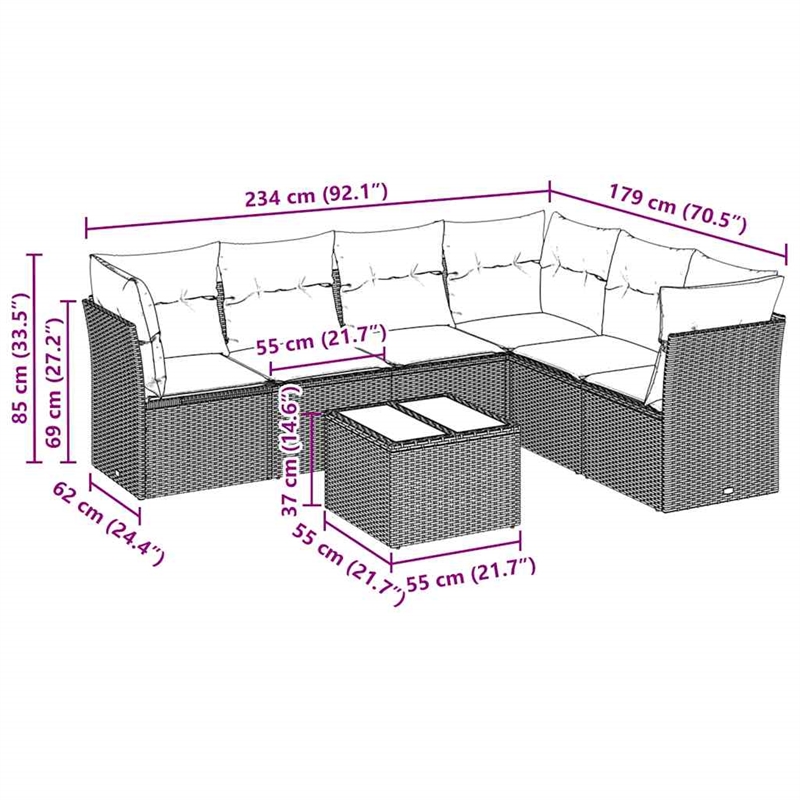 Afuera Living Contemporary 7 Piece Poly Rattan Sofa Set in Gray