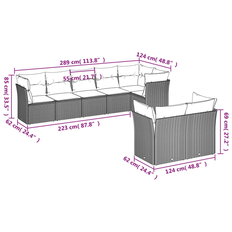 Afuera Living 8 Piece Poly Rattan Large Sofa Set in Black/Blue