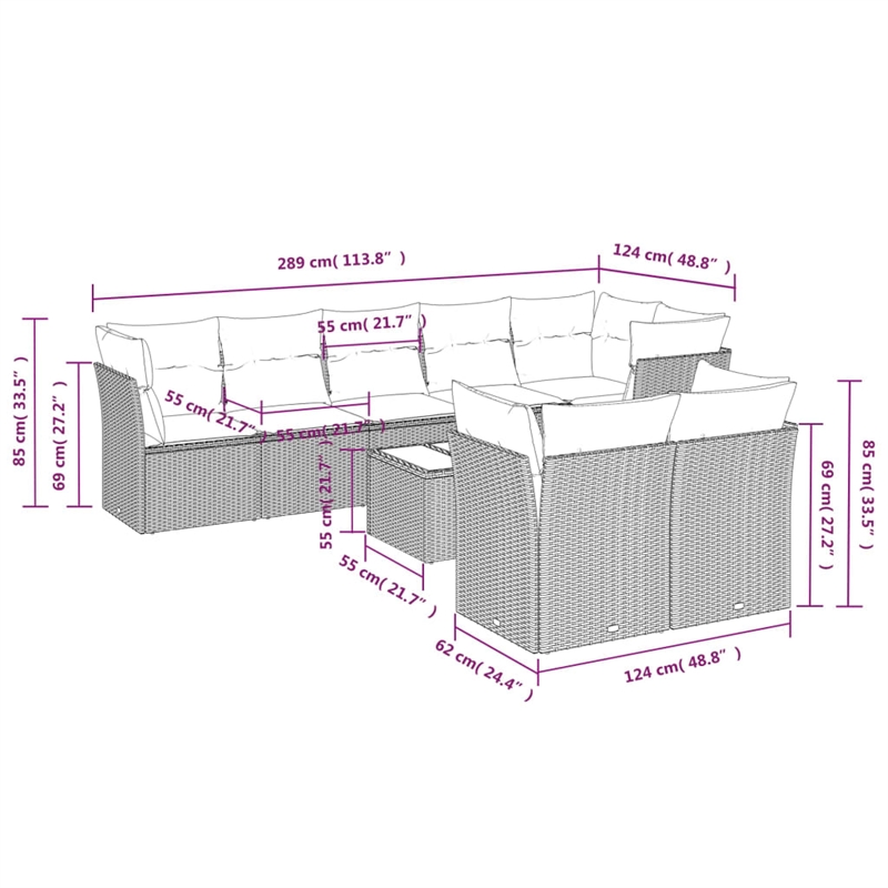Afuera Living Contemporary 9 Piece Poly Rattan Sofa Set in Gray
