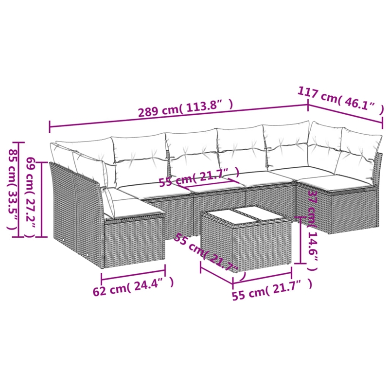 Afuera Living Contemporary 8 Piece Poly Rattan Large Sofa Set in Gray