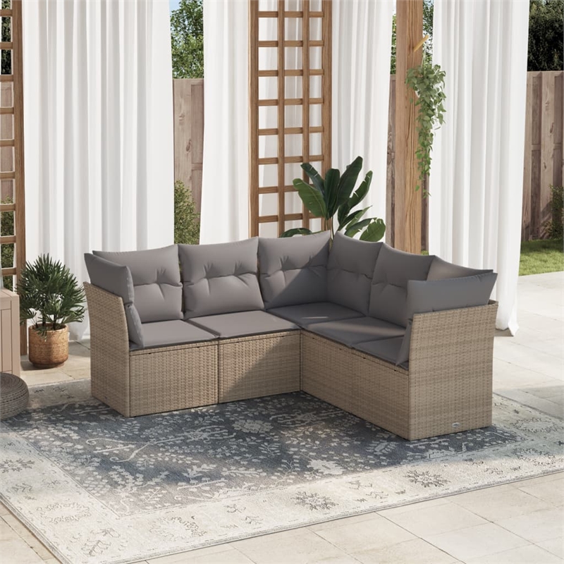 Afuera Living Contemporary Synthetic Poly Rattan 5 Piece Sofa Set in Gray/Beige