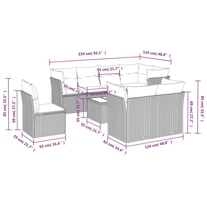 Afuera Living Contemporary 9 Piece Poly Rattan Small Sofa Set in Beige