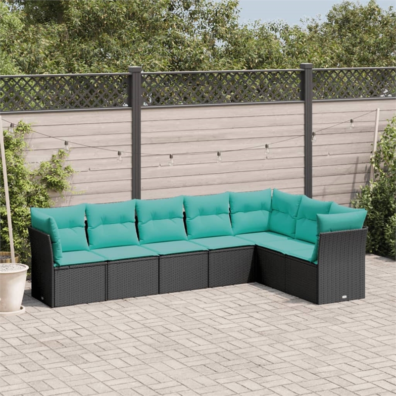 Afuera Living Contemporary 7 Piece Poly Rattan Sofa Set in Black/Blue