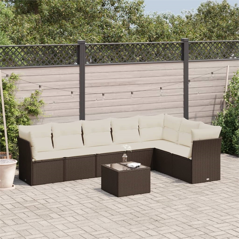 Afuera Living Contemporary 8 Piece Poly Rattan Sofa Set in Brown/Cream