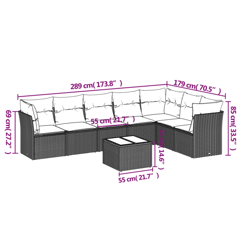 Afuera Living Contemporary 8 Piece Poly Rattan Sofa Set in Brown/Cream