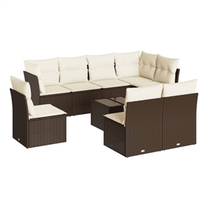 Afuera Living Contemporary Synthetic Poly Rattan 9 Piece Sofa Set in Brown/Cream