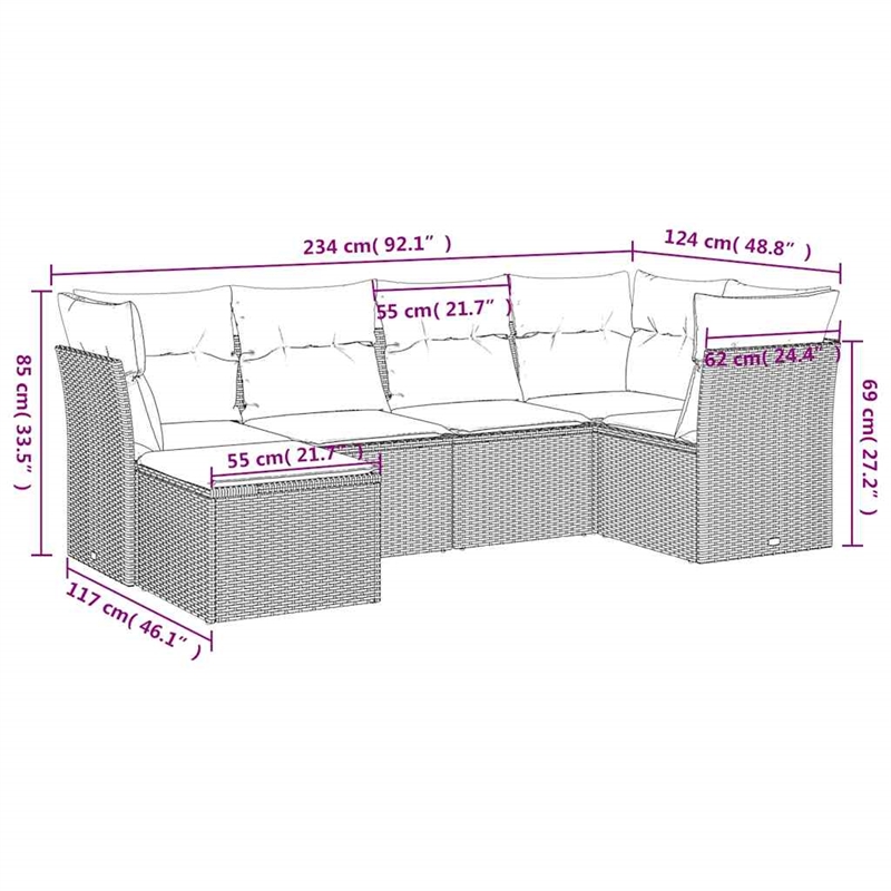 Afuera Living Contemporary 6 Piece Poly Rattan Sofa Set in Brown/Cream