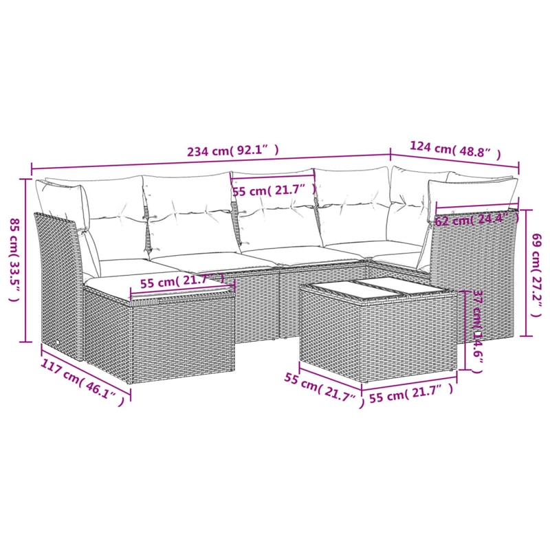 Afuera Living Contemporary Synthetic Poly Rattan 7 Piece  Sofa Set in Beige