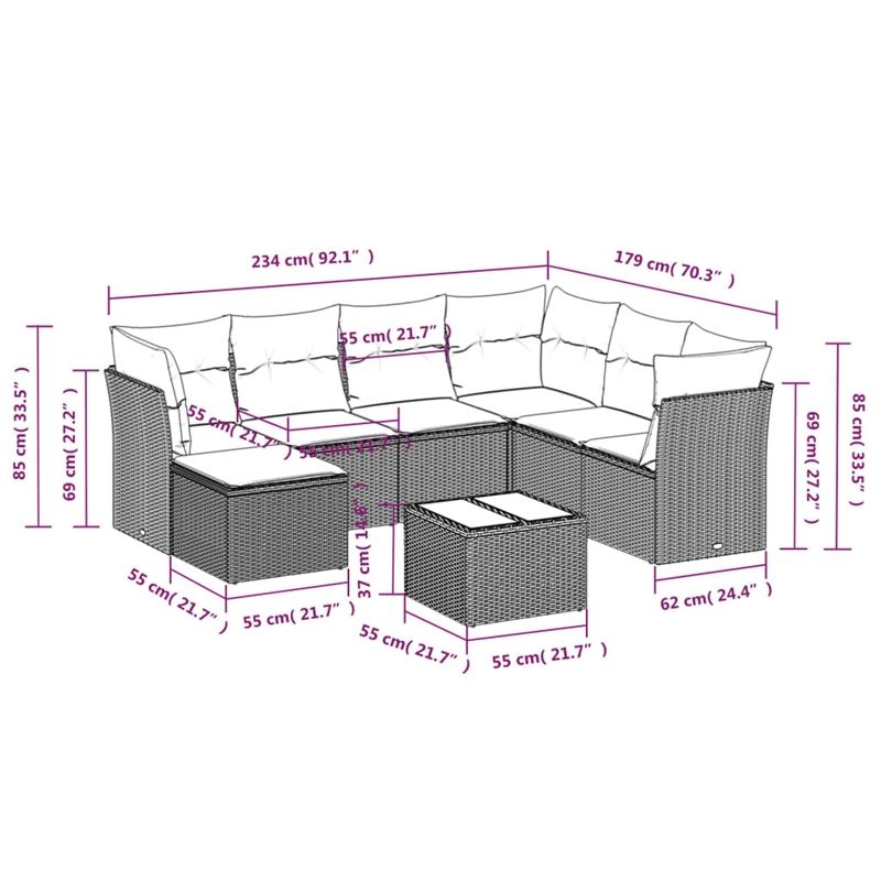 Afuera Living Contemporary 8 Piece Poly Rattan Sofa Set in Gray