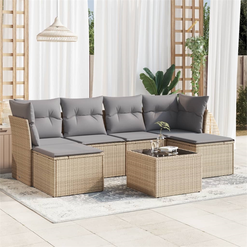 Afuera Living Contemporary 7 Piece Poly Rattan Large Sofa Set in Beige