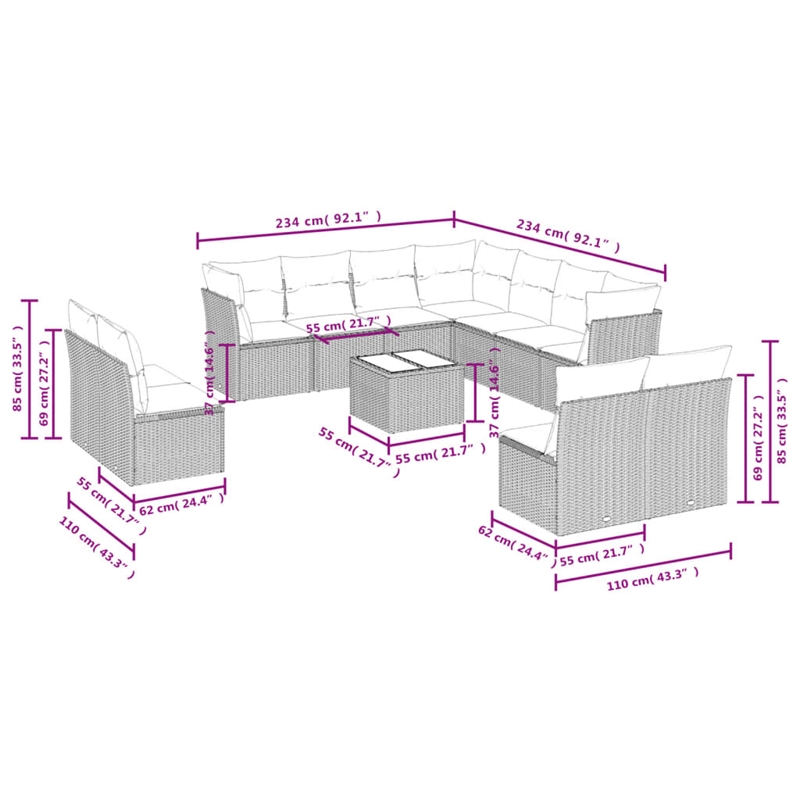 Afuera Living Contemporary 12 Piece Poly Rattan Sofa Set in Gray