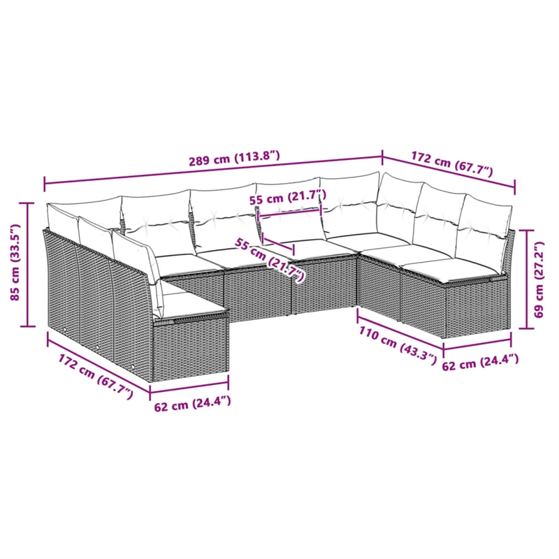 Afuera Living Contemporary 9 Piece Poly Rattan Sofa Set in Gray