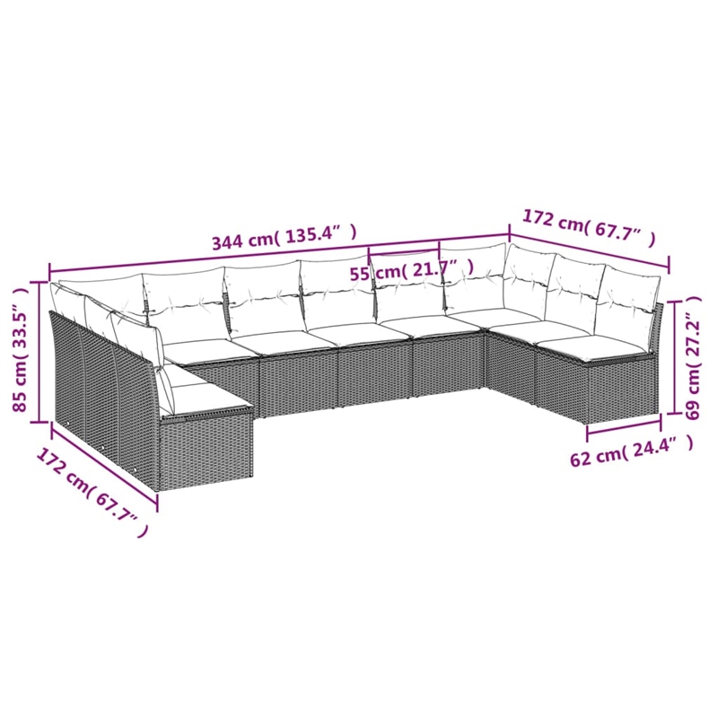 Afuera Living Contemporary 10 Piece Poly Rattan Sofa Set in Gray