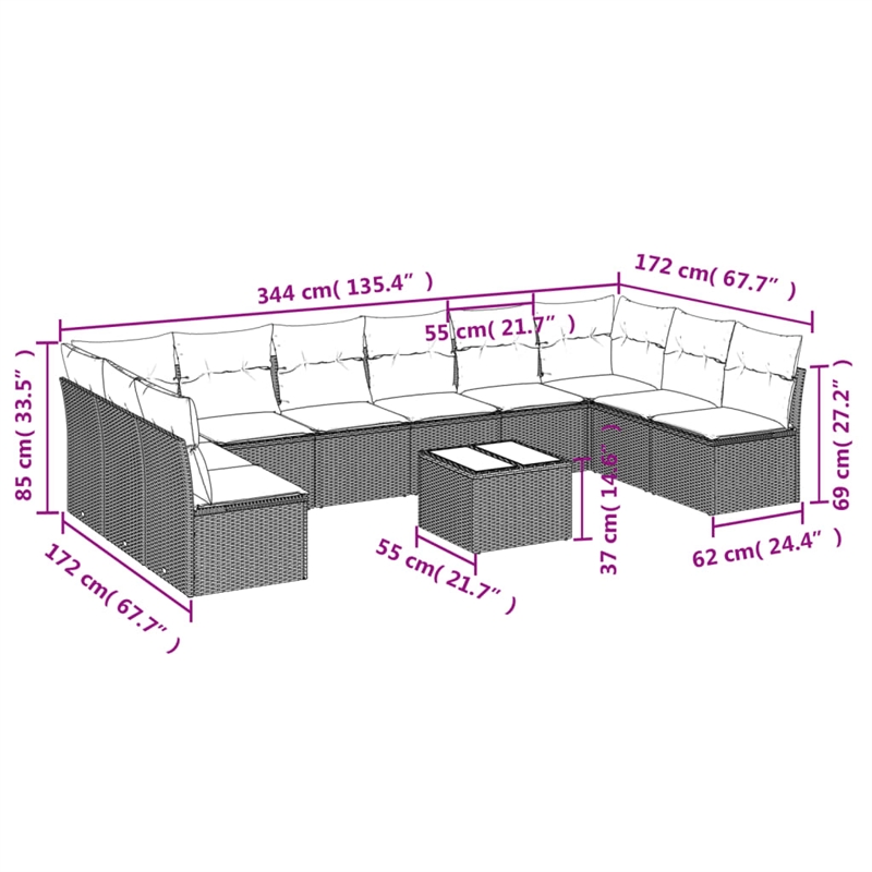 Afuera Living Contemporary 11 Piece Poly Rattan Sofa Set in Gray/Beige