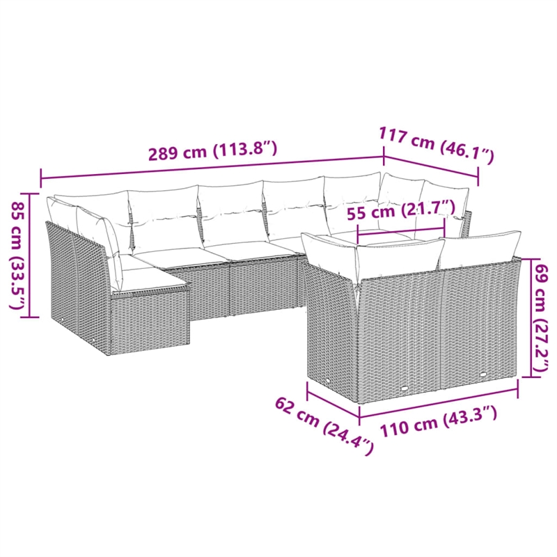 Afuera Living Contemporary Synthetic Poly Rattan 9 Piece Large Sofa Set in Gray