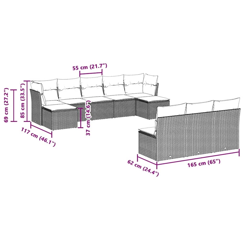 Afuera Living Contemporary 10 Piece Poly Rattan Sofa Set in Gray