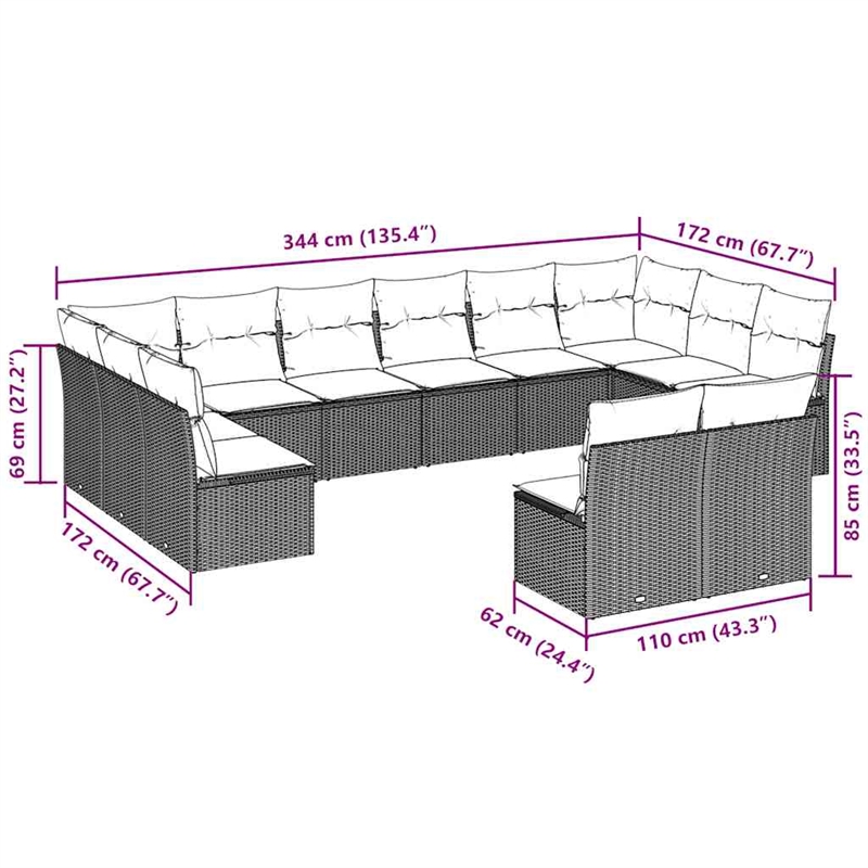 Afuera Living Contemporary 12 Piece Poly Rattan Large Sofa Set in Gray