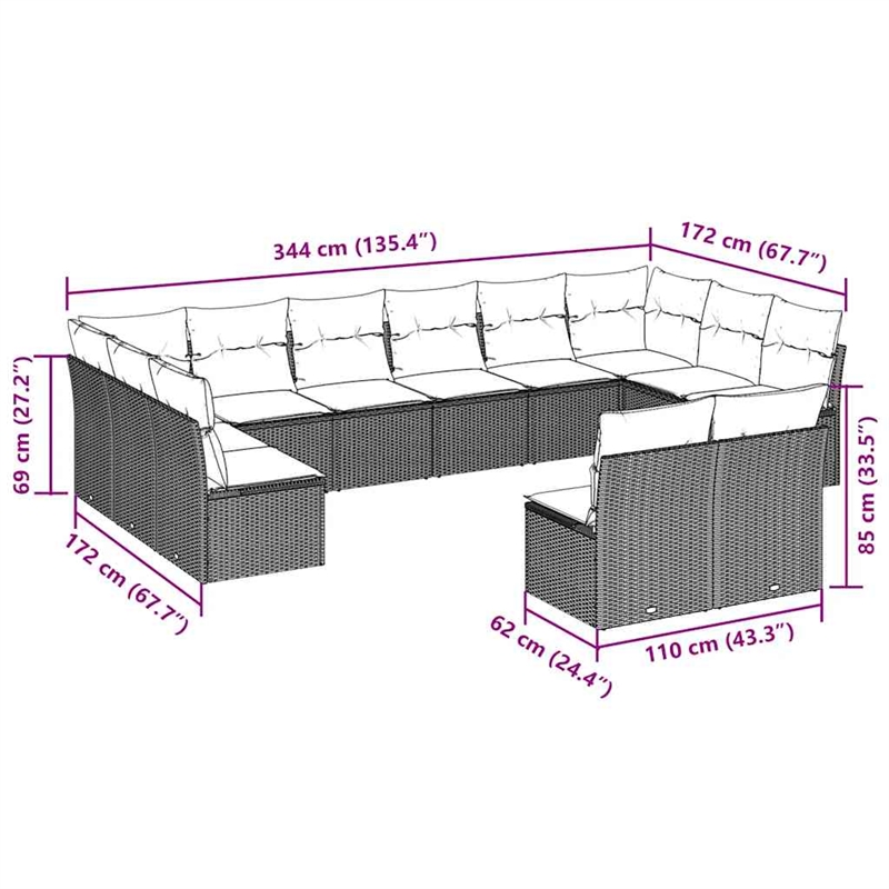 Afuera Living Contemporary 12 Piece Poly Rattan Sofa Set in Brown/Cream