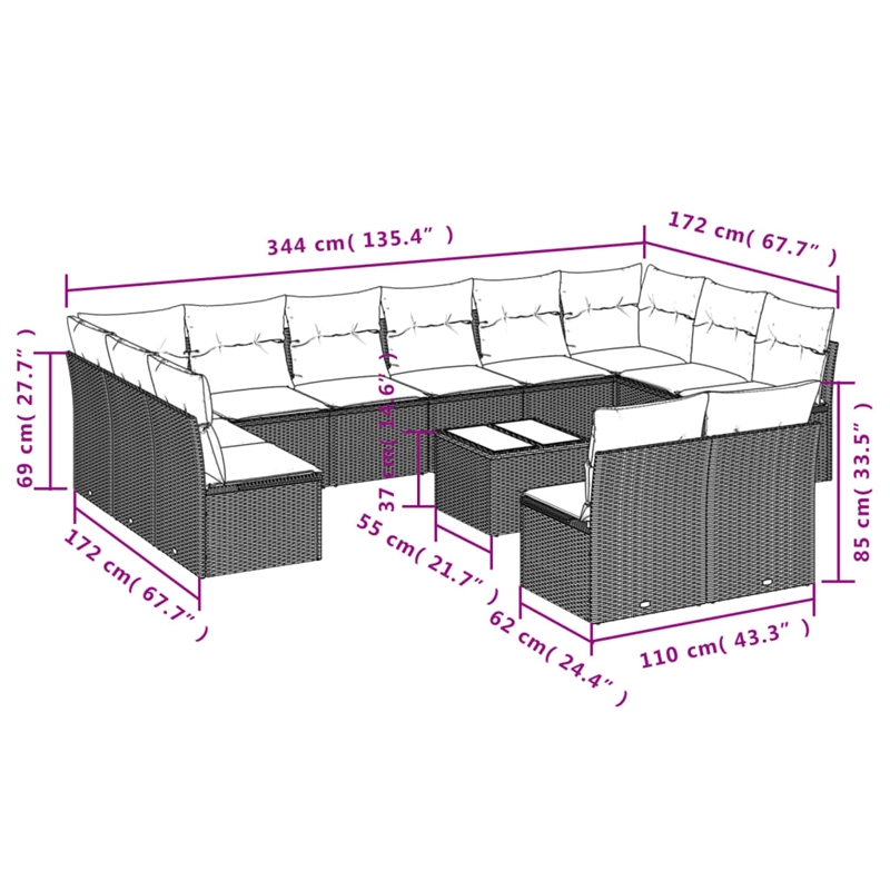 Afuera Living Contemporary Synthetic Poly Rattan 13 Piece Sofa Set in Beige