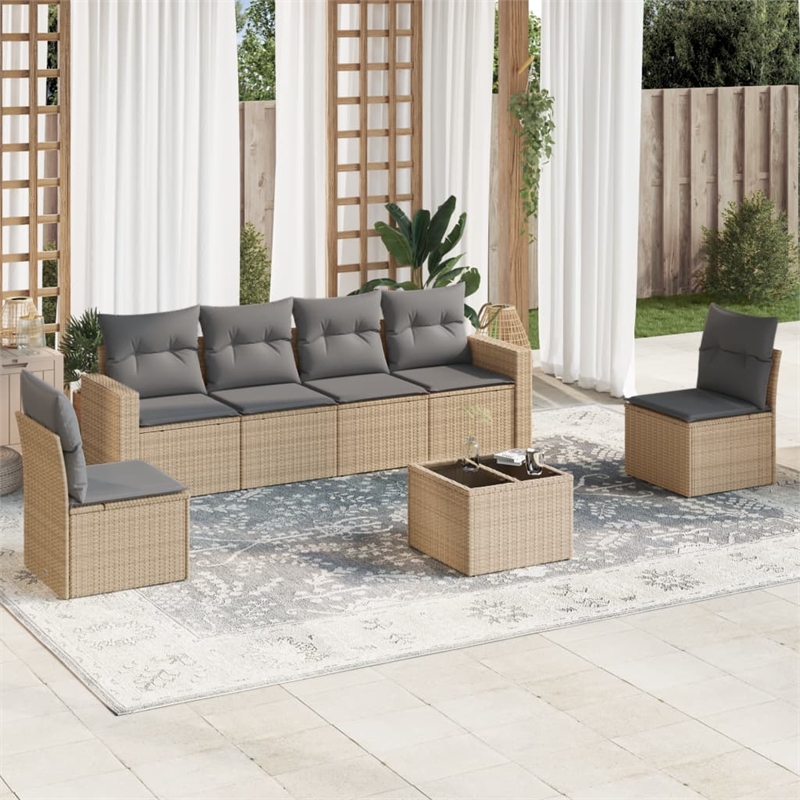 Afuera Living Contemporary 7 Piece Poly Rattan Sofa Set in Gray/Beige