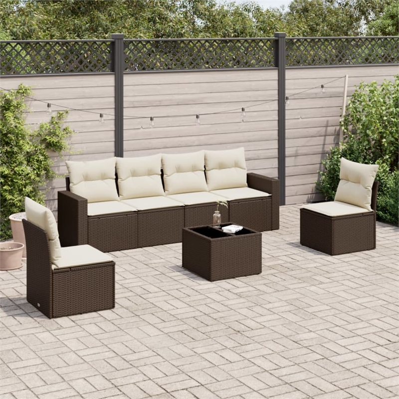 Afuera Living Contemporary 7 Piece Poly Rattan Sofa Set in Brown/Cream