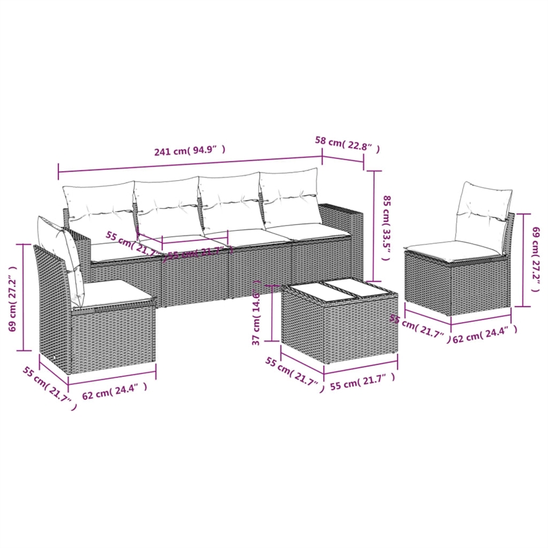 Afuera Living Contemporary 7 Piece Poly Rattan Sofa Set in Brown/Cream