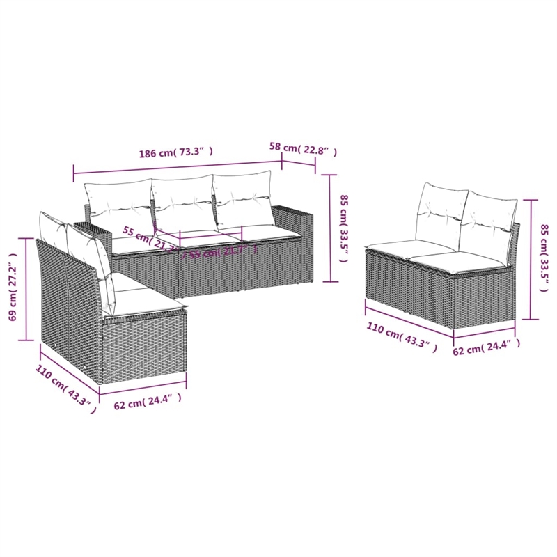 Afuera Living Contemporary 7 Piece Poly Rattan Large Sofa Set in Black