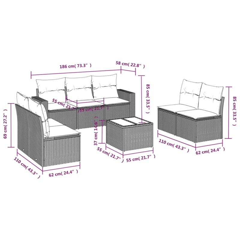 Afuera Living Contemporary Synthetic Poly Rattan 8 Piece  Sofa Set in Beige